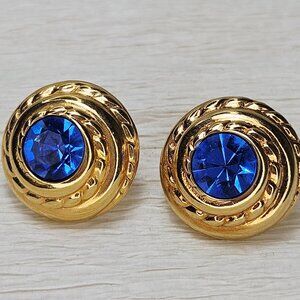 Swarovski Blue Rhinestone Gold Earrings Twisted Braided Setting Pierced